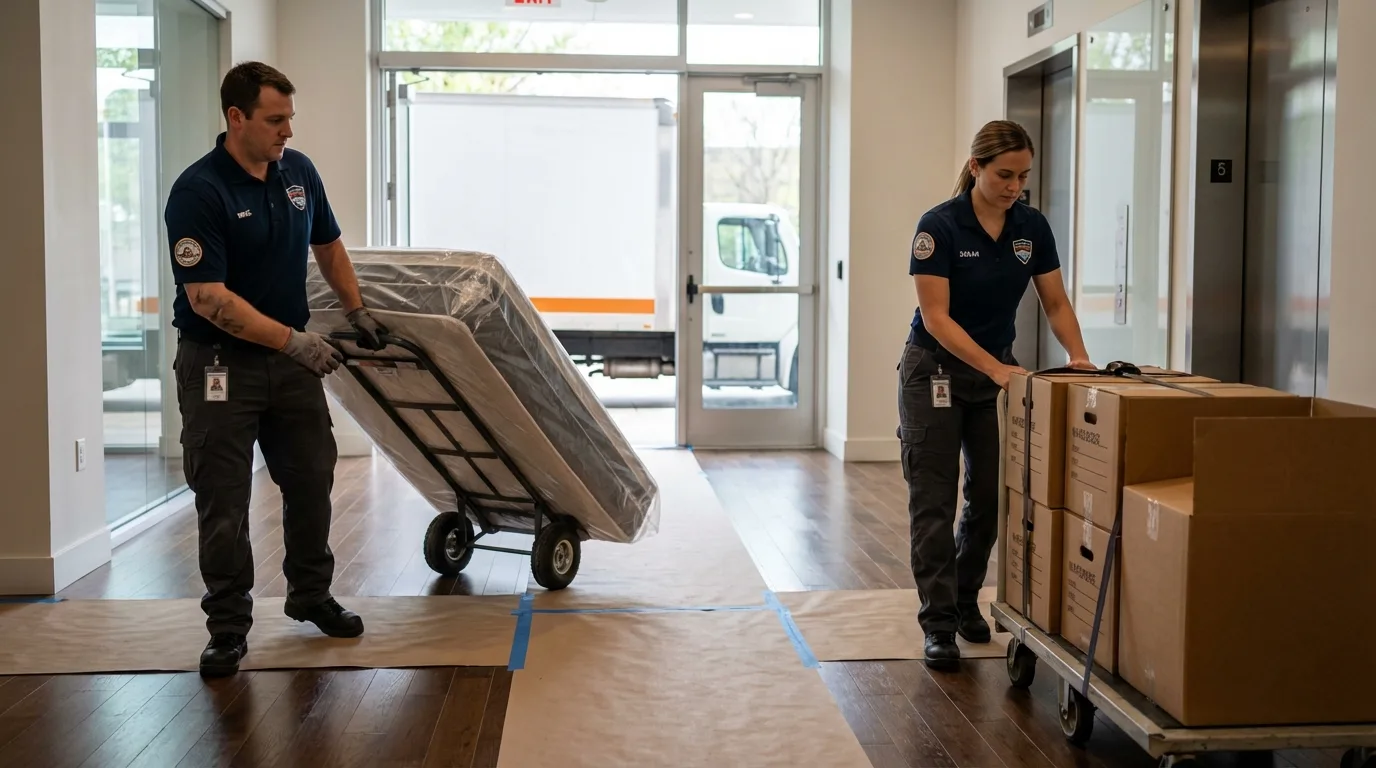 Professional apartment movers loading elevator in Pembroke, GA